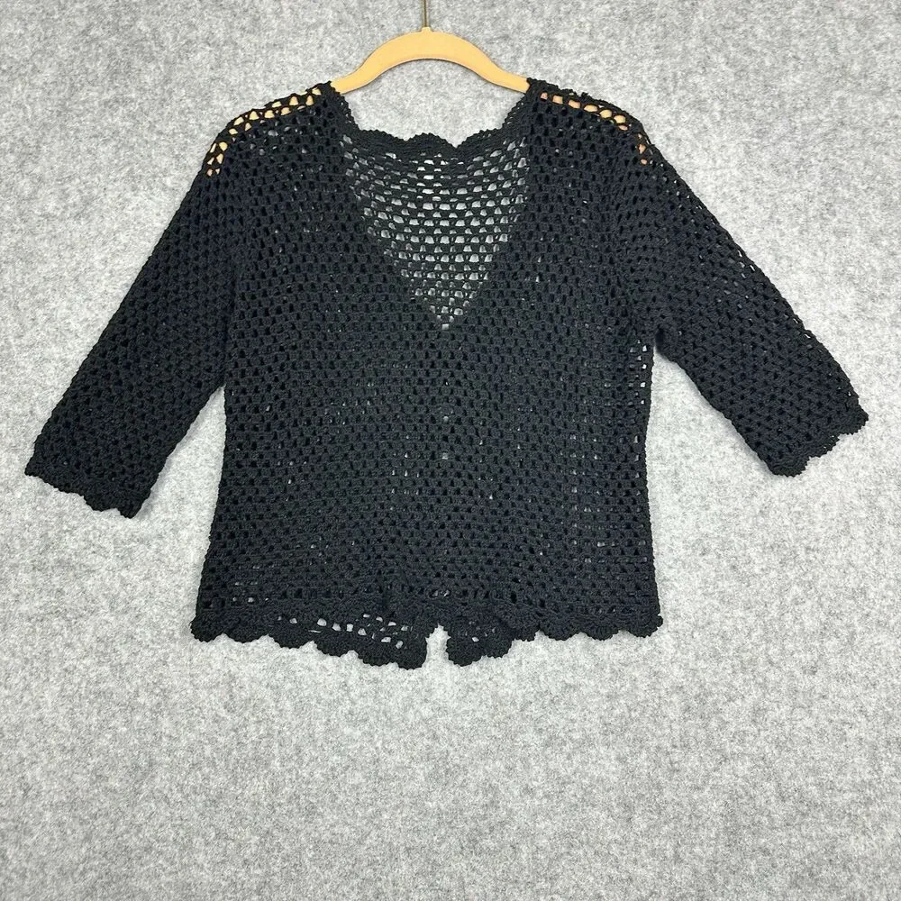 VTG Norm Thompson Black Crochet Knit Cardigan Sweater Sz S Linen Cotton Scallop